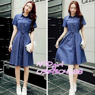 Đầm jean xòe cổ sơ mi, váy bò denim cài nút trước - DTH