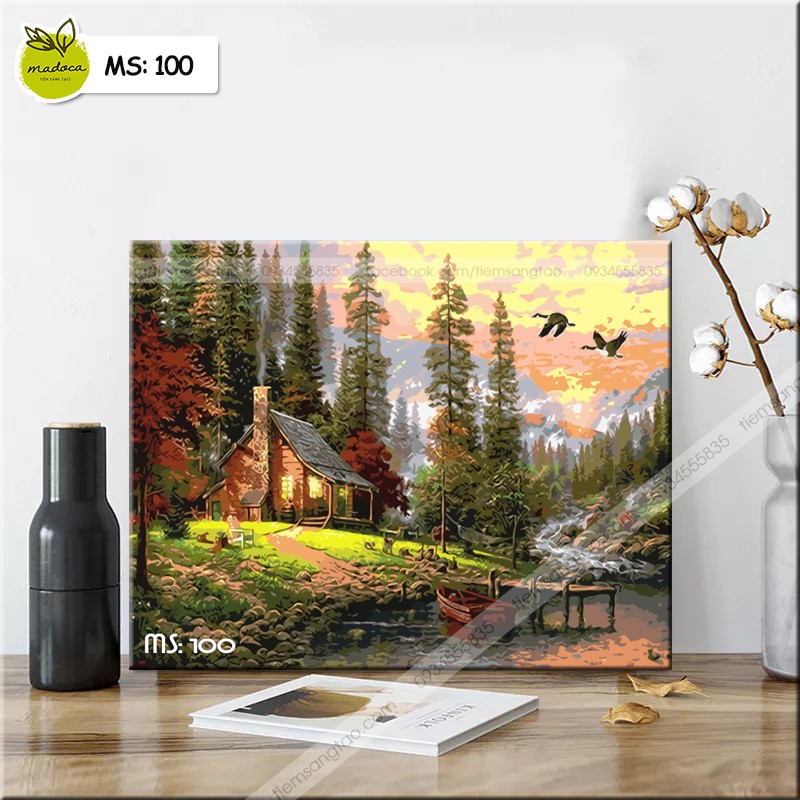 Tranh sơn dầu số hóa Nhà Bên Rừng 100 (Có Khung)