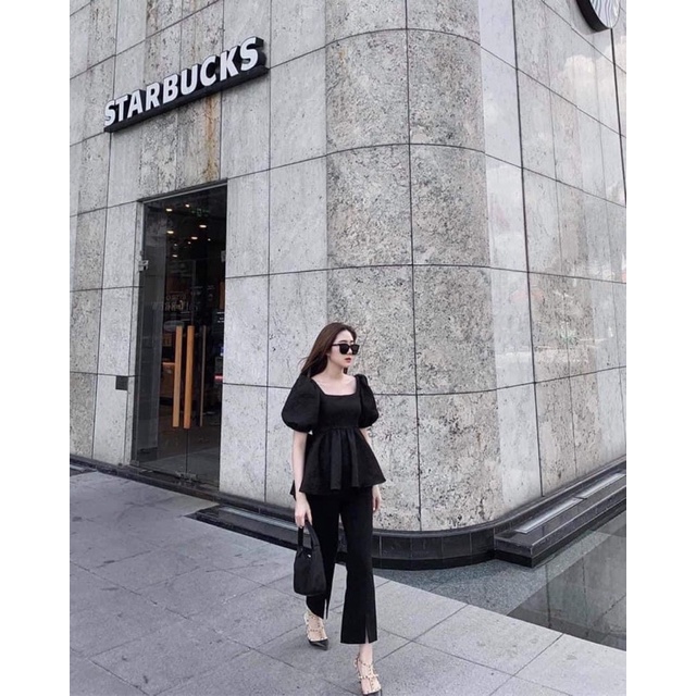 Áo Kristy Babydoll màu đen Tay Phồng Cổ Vuông, Áo Kiểu Nữ Tay Bồng Dây Nơ Cột Sau Chất Vải Gấm Cao Cấp Đứng Form