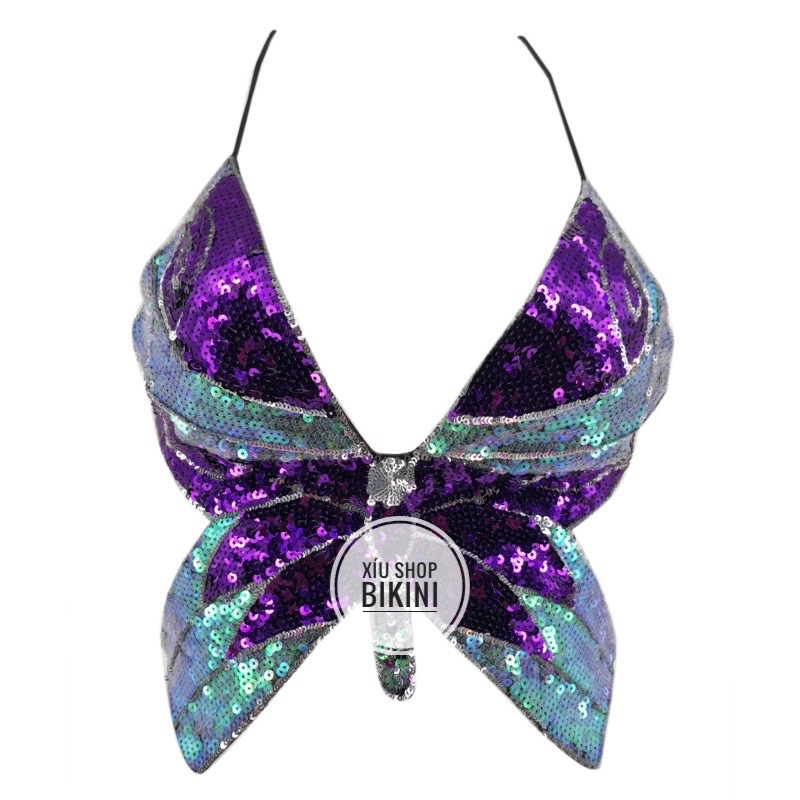 Áo Croptop 2 dây dáng cánh b.ướm kim sa đan dây chéo sau