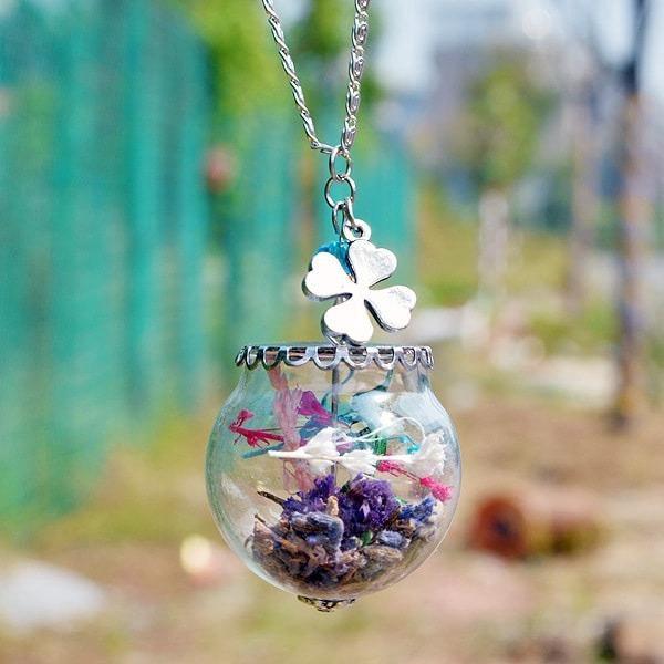 Vòng cổ dây chuyền pha lê hoa oải hương ép khô tự nhiên đồ trang sức độc đáo