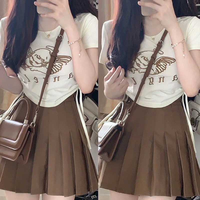 #17 Set đồ nữ bộ chân váy ngắn xếp ly + áo thun croptop kiểu cổ tròn rút dây 2 bên eo
