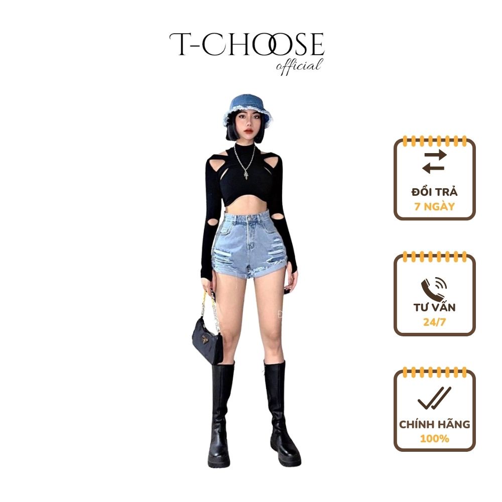Áo Tchoose, áo thun croptop dài tay khoét vai - T132