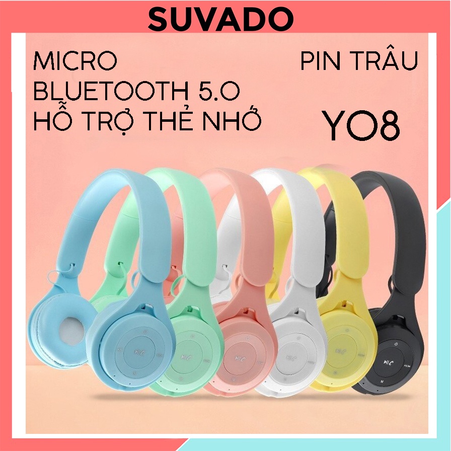 Tai Nghe Bluetooth 5.0 Chụp Tai có micro Headphone không dây thời trang dễ thương Nhiều màu sắc Y08 SUVADO