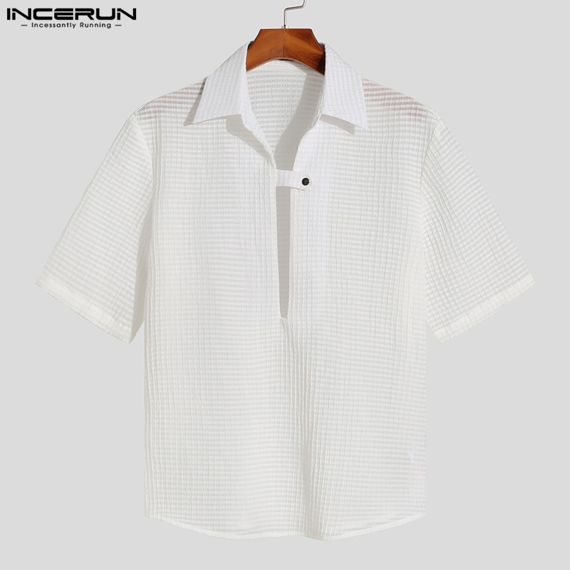 Áo thun polo INCERUN tay ngắn cổ chữ V màu trơn phối lưới xuyên thấu cho nam