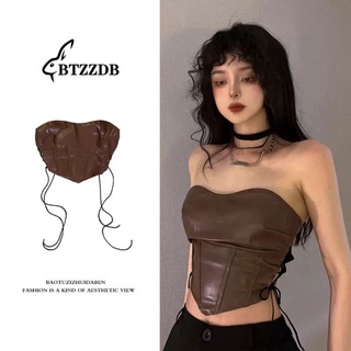 Corset nâu chất da hiphop / áo croptop nữ phong cách egirls sexy / áo quây cúp ngưc