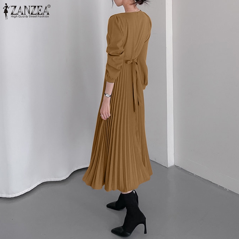 Đầm Zanzea dài xếp ly tay dài cài nút sau lưng thời trang cho nữ