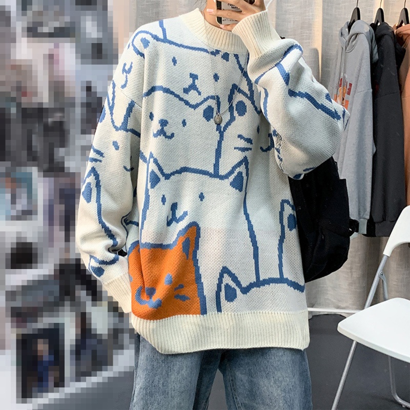 Áo Sweater Tay Dài In Hoạt Hình Mèo Kiểu Harajuku Nhật Bản Cá Tính Cho Nam Và Nữ