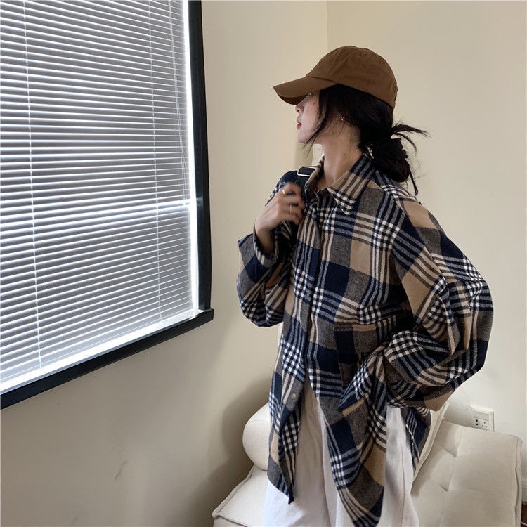 Áo khoác sơ mi tay dài dáng rộng kẻ sọc caro phong cách retro mới