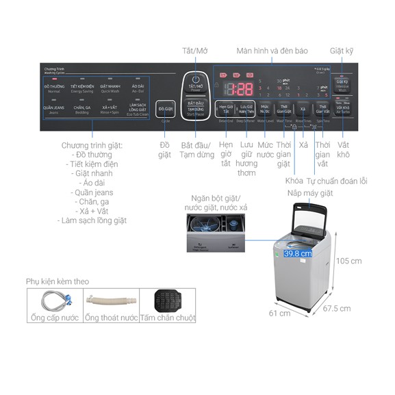 [Mã ELMS5TR giảm 5% đơn 5TR] WA85T5160BY - MIỄN PHÍ CÔNG LẮP MÁY - Máy Giặt SAMSUNG 8.5Kg WA85T5160BY/SV