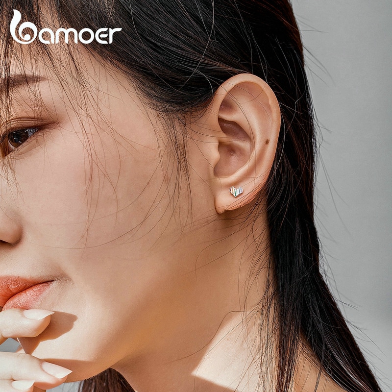 Hoa tai đinh tán BAMOER SCE787 bằng bạc men hình trái tim màu cầu vồng tối giản cho nữ