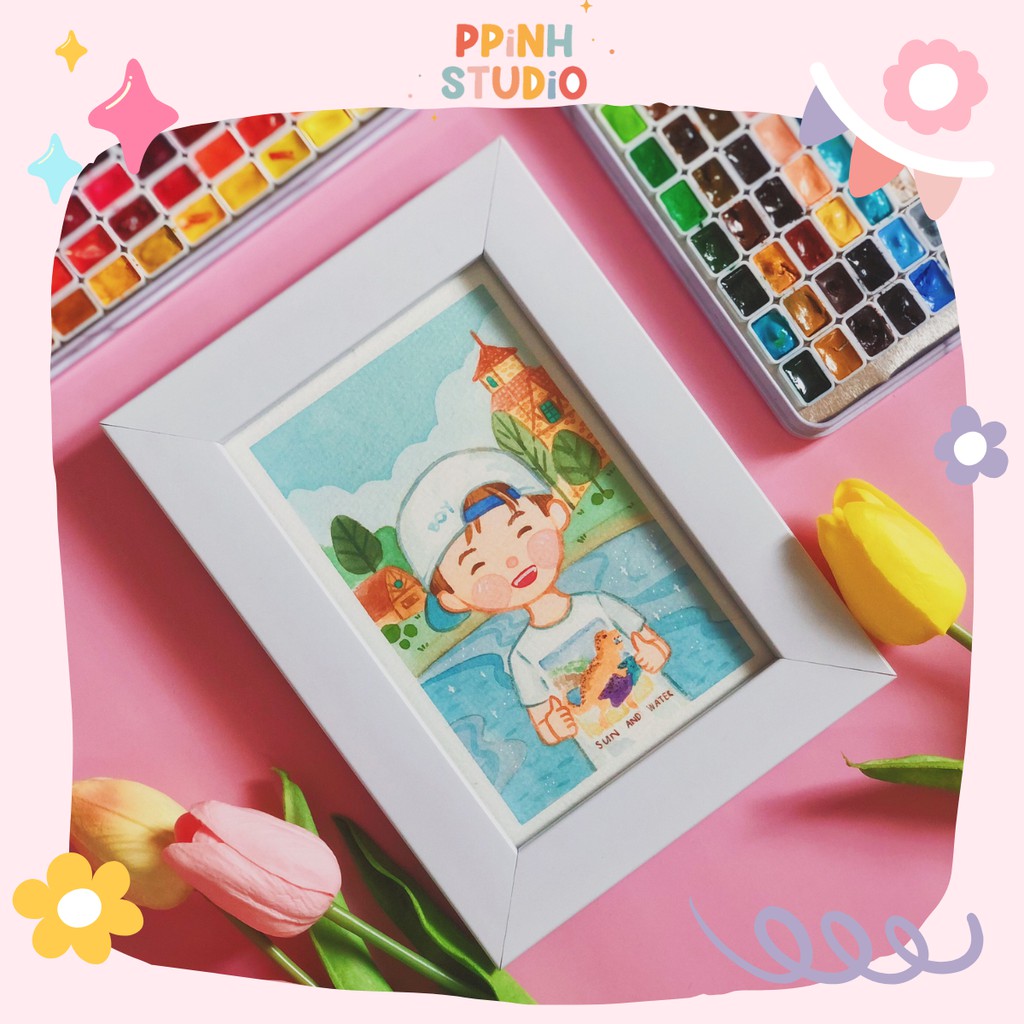 Tranh Vẽ Chân Dung Chibi Theo Yêu Cầu, Kèm Khung Gỗ