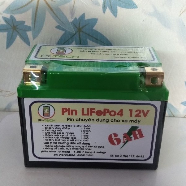 ẮC QUY XE MÁY - Pin Lithium PI-TECH 6Ah (Khởi động xe máy-Bền gấp 4 lần ắc quy chì-Siêu nhẹ 0,65kg)