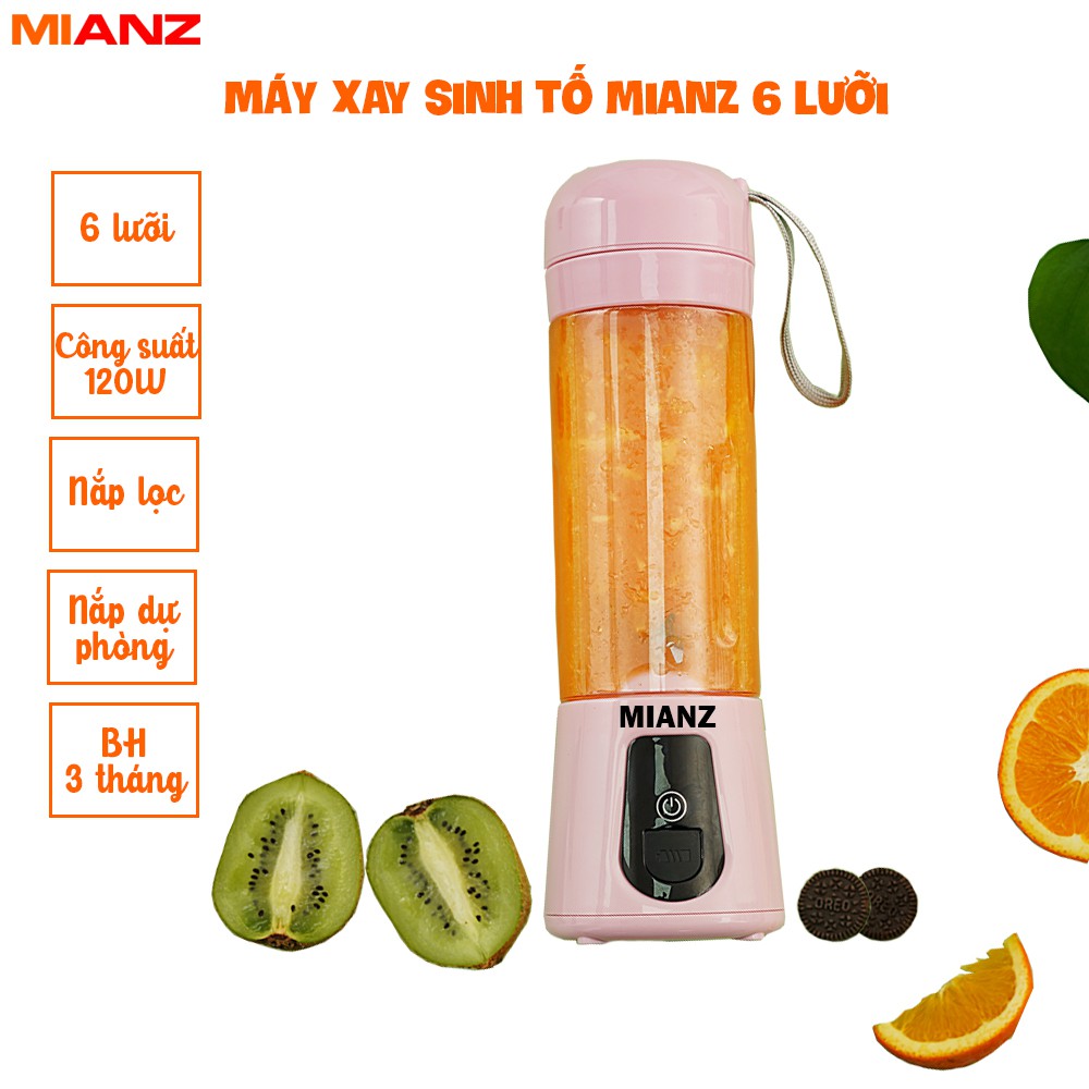 Máy xay sinh tố cầm tay MIANZ, máy say sinh tố hoa quả 6 lưỡi xay đá, kèm nắp lọc, công suất 110W, pin 4000Mah
