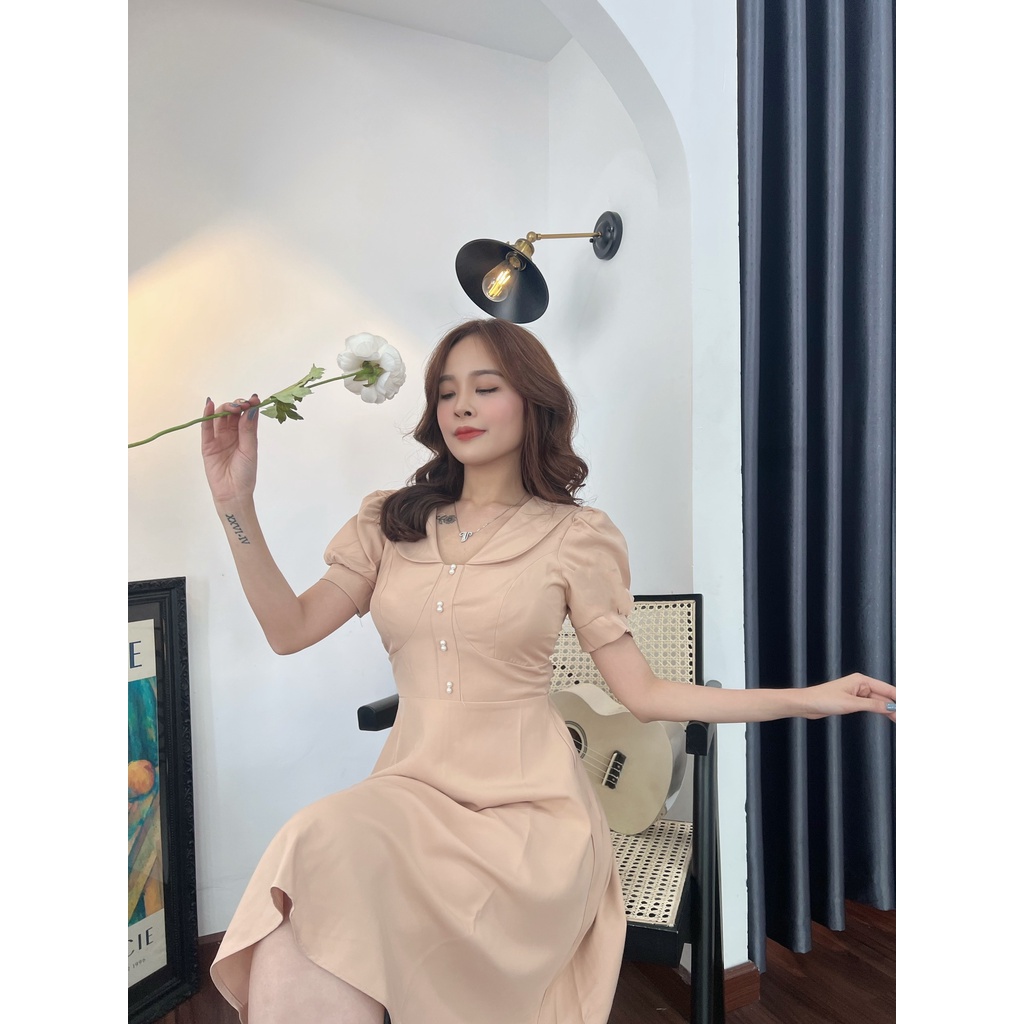 Đầm xòe cổ lá sen tay phồng đính nẹp đính nút - GR0217 (hình thật shop chụp)