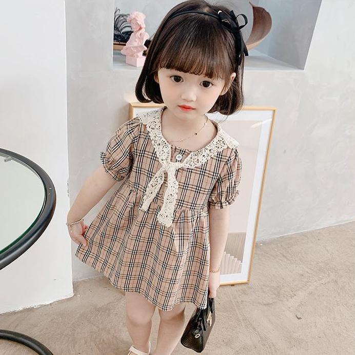 Đầm công chúa tay ngắn kẻ sọc caro thiết kế thời trang mùa hè theo phong cách Hàn Quốc cho bé gái 2021