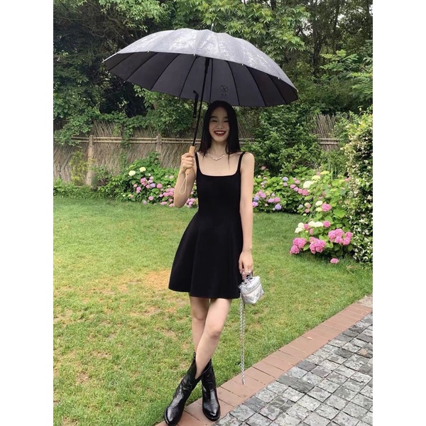 (Có BigSize) Đầm Váy Thun Gân Đen 2 Dây Cổ Vuông Xoè Nhẹ