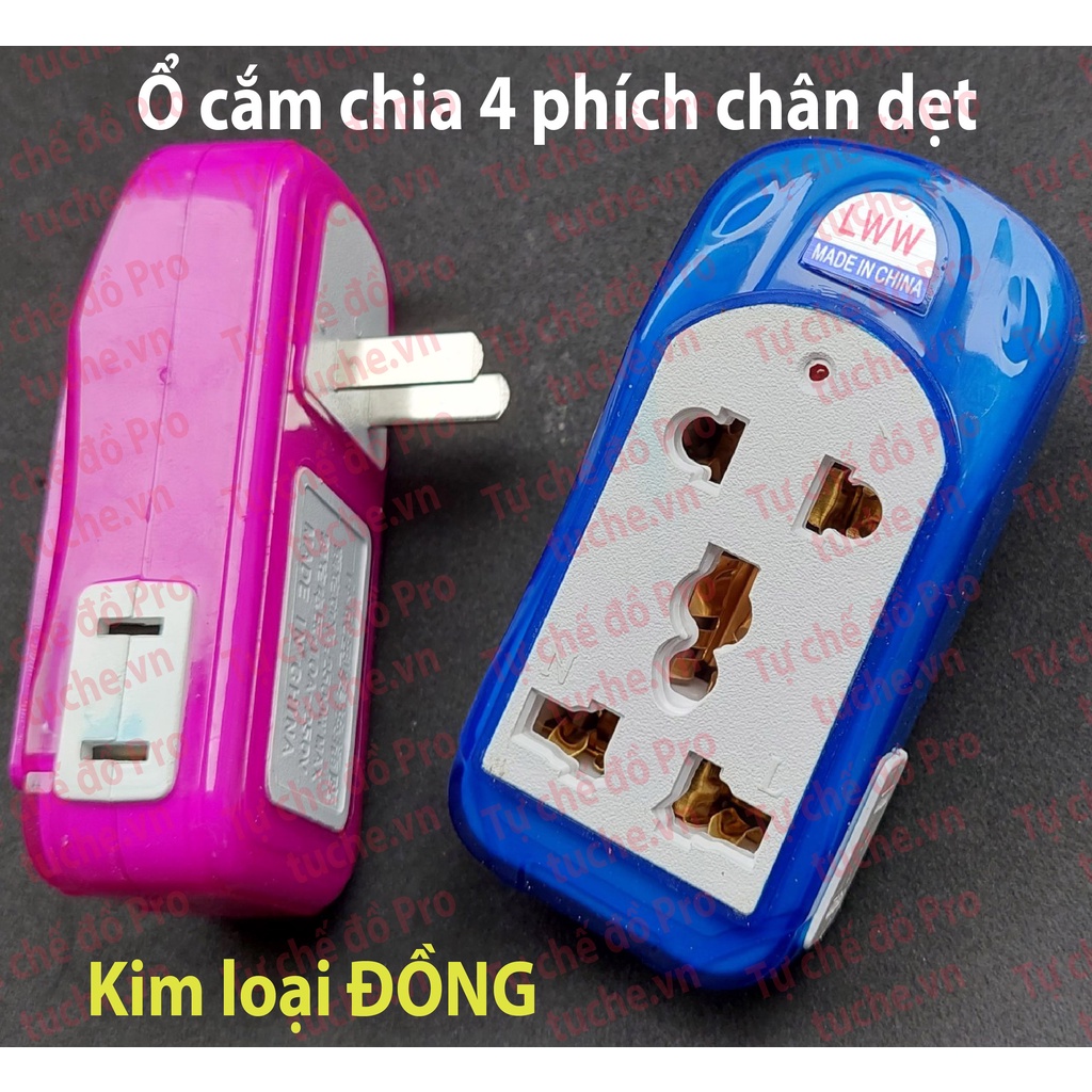 Ổ cắm chia 4, 2 lỗ đa năng - 2 lỗ chân dẹt, bằng đồng và nhựa chống cháy