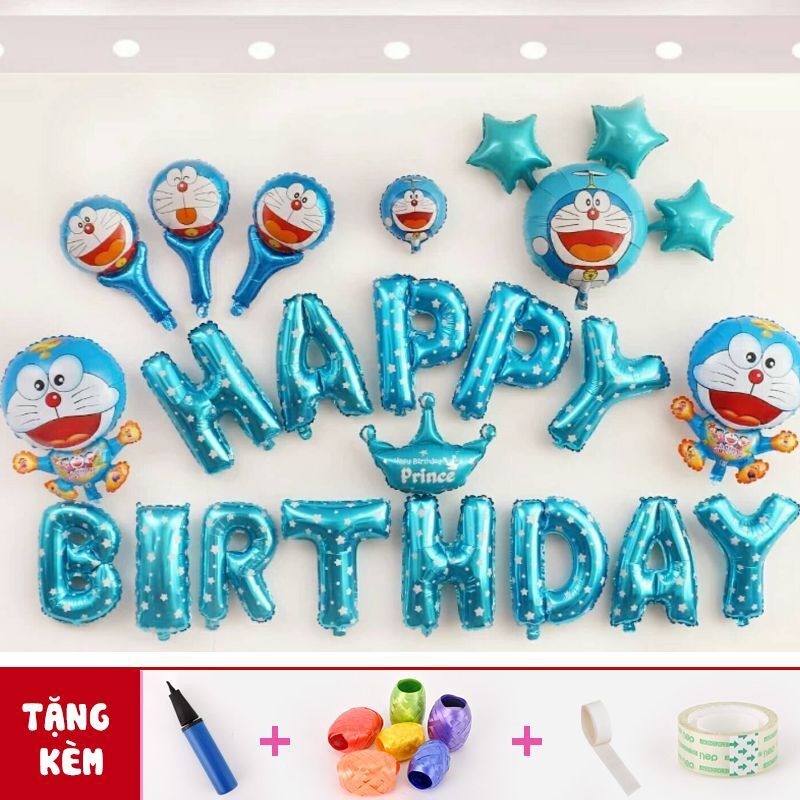 Combo Bóng Sinh Nhật Happy Birth Day Chó Bé Hình Doraemon Cute ( Kèm Bơm và Băng Dính)