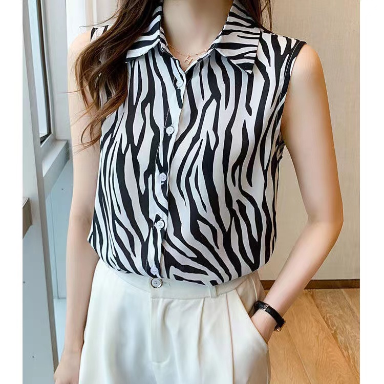 Áo Sơ Mi Chiffon Không Tay Kẻ Sọc Phong Cách Phương Tây Cho Nữ