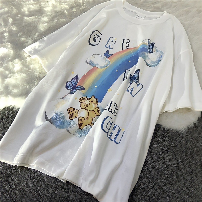 Áo phông tay lỡ form rộng, áo thun unisex nam nữ chất cotton rainbows bear