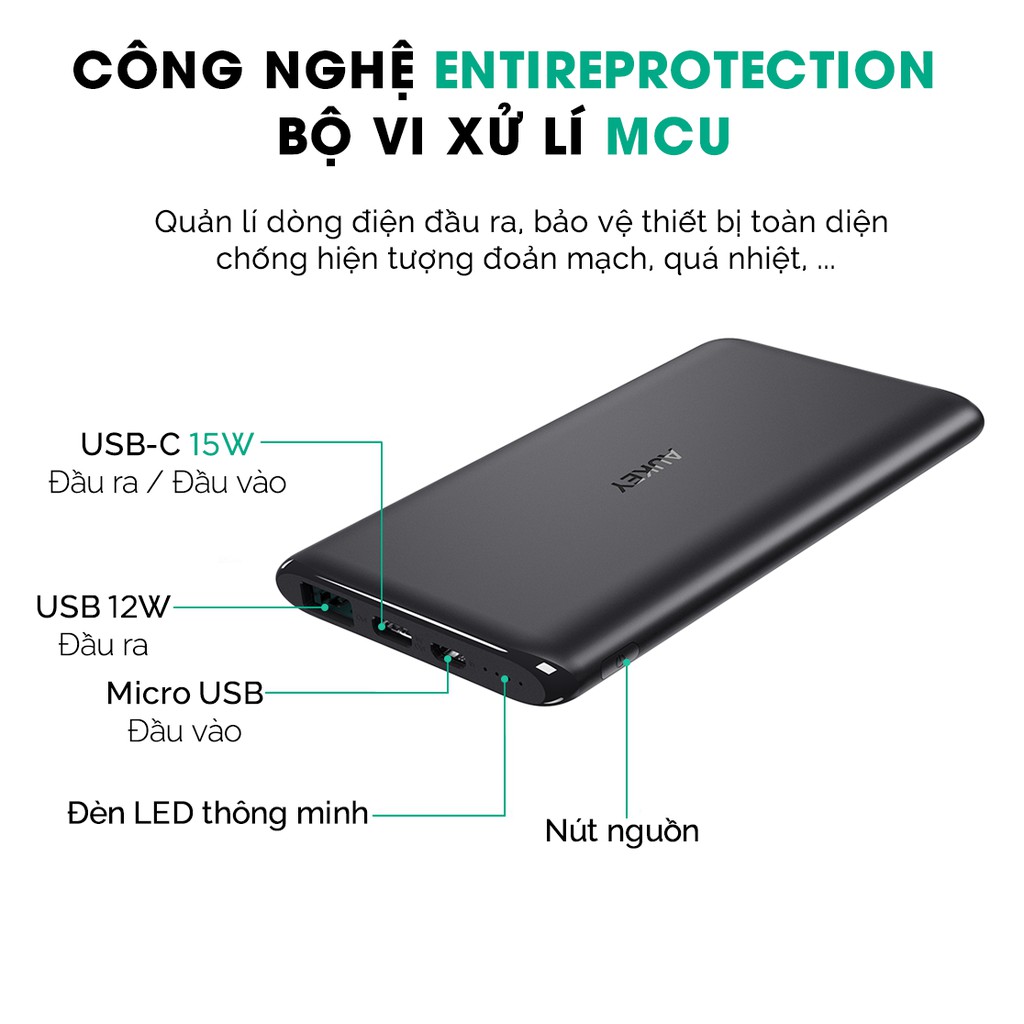 Giao Hàng Sau Giãn Cách | Pin Sạc Dự Phòng 5000mAh Aukey PB-XN5, AiPower, Sạc Type C 15W, USB 12W - Hàng Chính Hãng