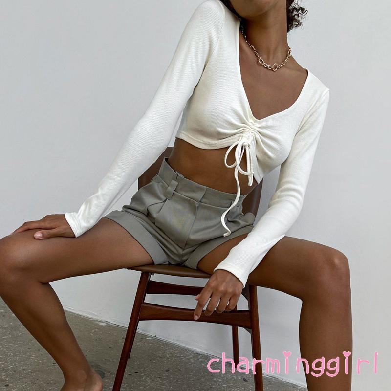 Áo len croptop tay dài cổ chữ V màu sắc thời trang cho nữ