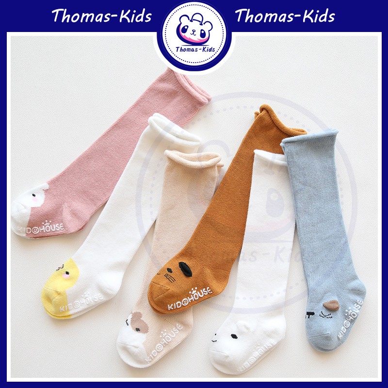 Tất Cotton dài qua gối màu trơn in họa tiết động vật dễ thương cho bé 1-3 tuổi