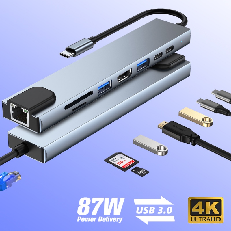 Hub chuyển đổi Ankndo 8 trong 1 gồm cổng USB 3.0/ sạc máy tính PD/ RJ45 HDMI thẻ nhớ TF/SD Type-C chất lượng cao