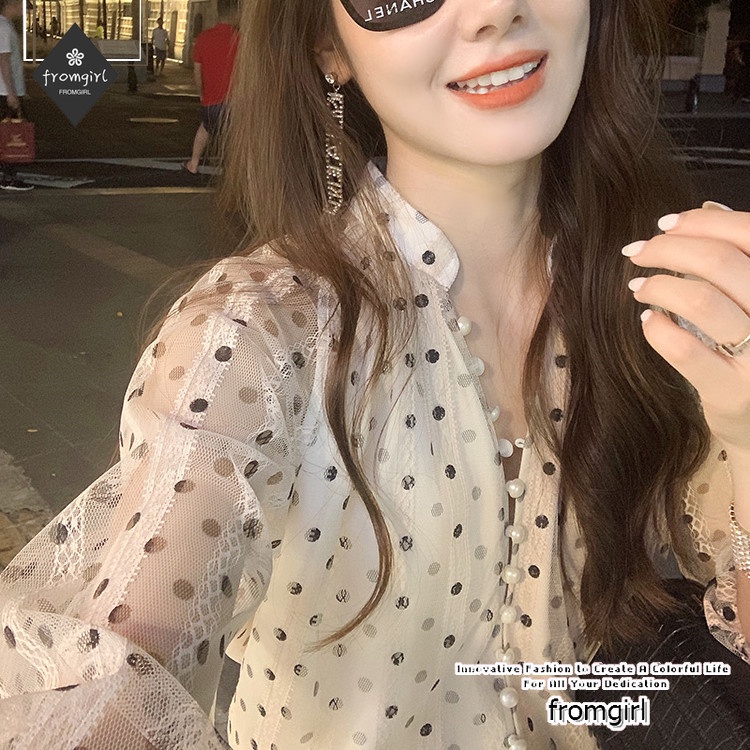 Áo chiffon Phối Ren Họa Tiết Chấm Bi Thời Trang Xuân Hè Cho Nữ