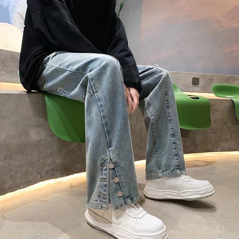 Quần jeans Dài Lưng Cao Ống Rộng Rách Gối Thời Trang Hàn Quốc Cho Nam Nữ Thư thêu quần jean unisex Quần jean thẳng chất lượng