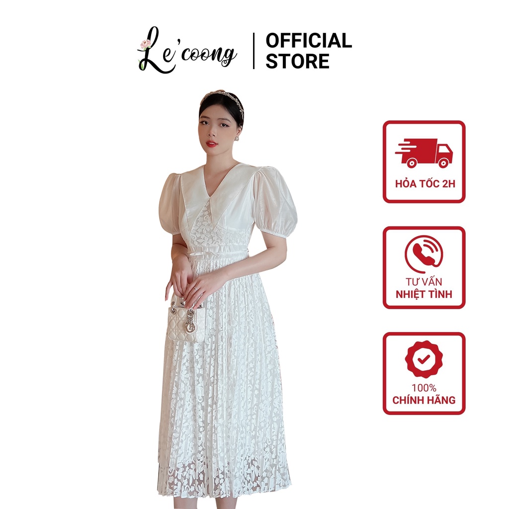 Váy Ren Trắng LECOONG V187 Xếp Li Tay Bồng Có Đai