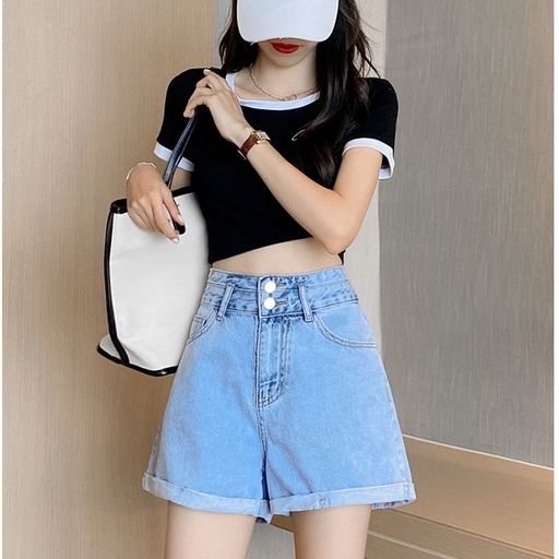 Quần Short Bò Nữ TDSHOP Cạp Cao Xanh Nhạt Thiết Kế Hai Khuy Năng Động Qs35
