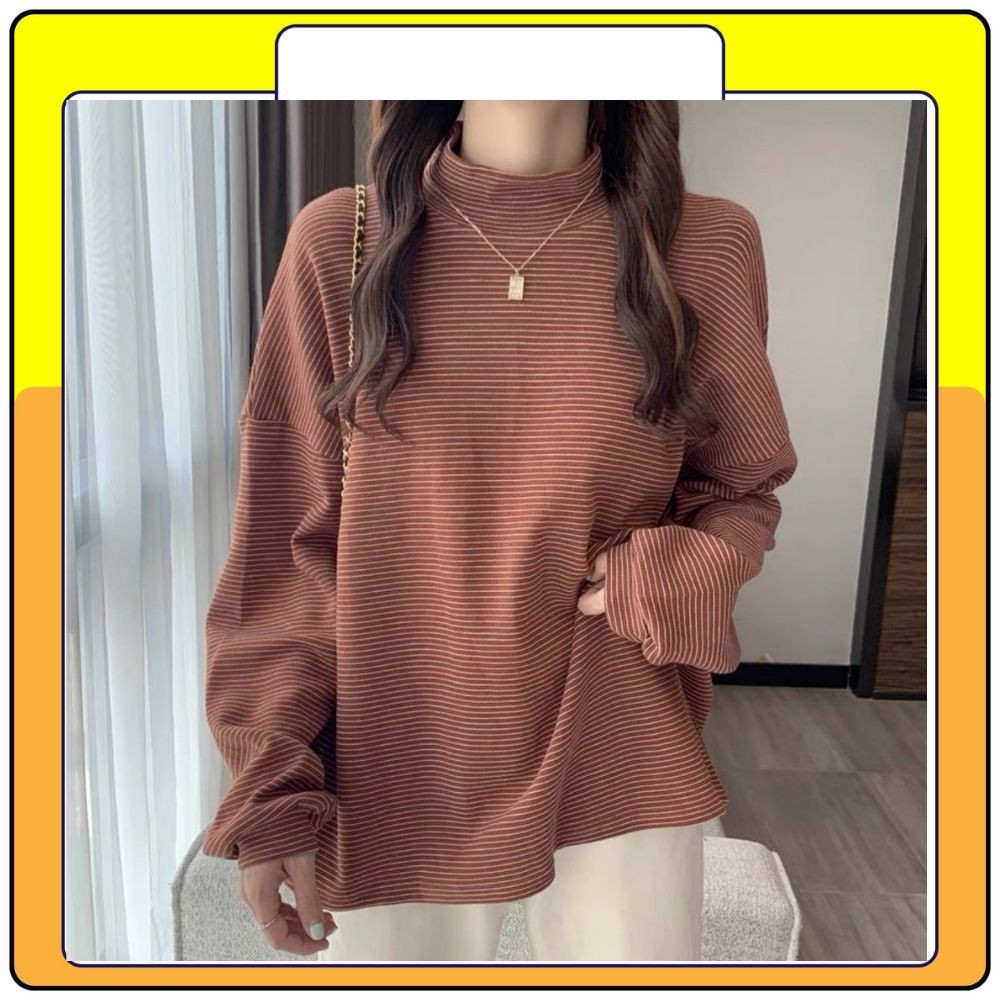 Áo nỉ sweater kẻ cổ lọ , áo len kẻ ngang cổ cao tay bồng cá tính năng động Queenshop