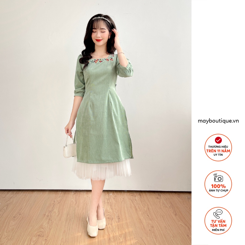 [HÀNG CÓ SẴN] Áo Dài cổ vuông tay bồng May Boutique màu xanh ADT20D_112.021