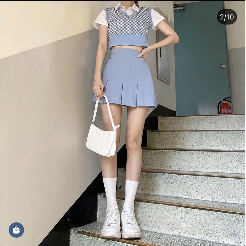 SET ÁO GILE CARO XANH DƯƠNG + ÁO CROP TRẮNG + CHÂN VÁY XẾP LY