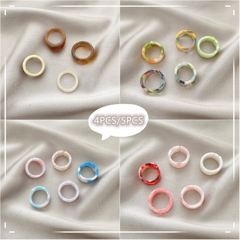 Set 4/5 nhẫn hở bằng nhựa resin màu gradient phong cách retro hợp thời trang làm quà tặng cho cặp đôi