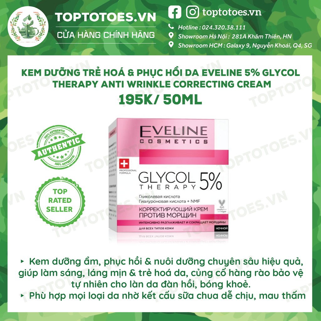 Kem dưỡng Eveline Glycol Therapy 5% Anti Wrinkle Correcting Cream 50ml trẻ hoá &amp; phục hồi da