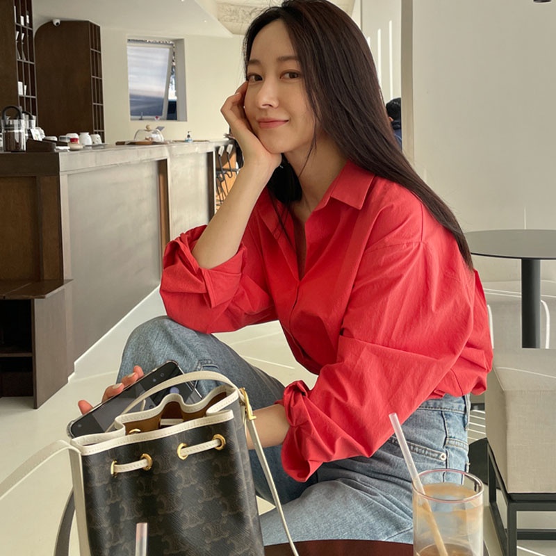 Áo sơ mi nữ form rộng công sở kiểu màu đỏ dài tay vintage hàn quốc cao cấp trơn sm60 kozoda