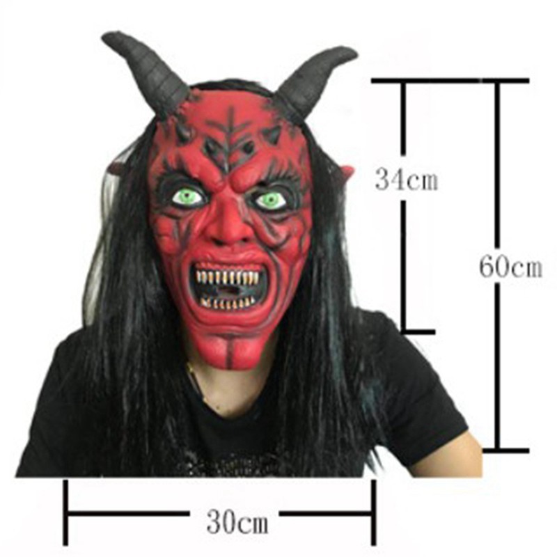 Mặt nạ đỏ 2 sừng kèm bộ tóc đen dài