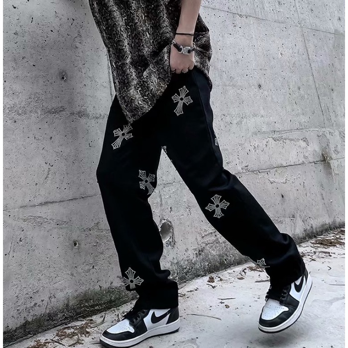 ThờI Trang QuốC HàN ĐẹP Quần Jean Đen Dáng Suông In Chữ Thập Cá Tính Phong Cách Harajuku Cho Nam QuầN VảI ỐNg SuôNg Nam