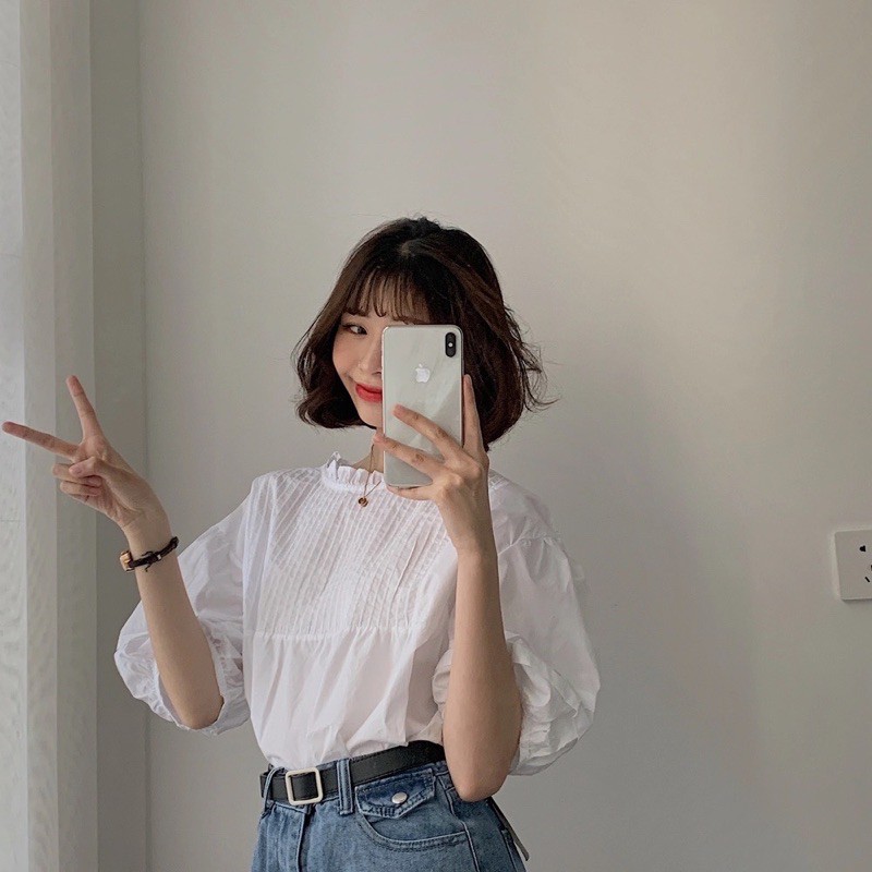[Ảnh thật/Sẵn]Áo sơmi thô xếp li ngực cổ ren lỗ tay lỡ