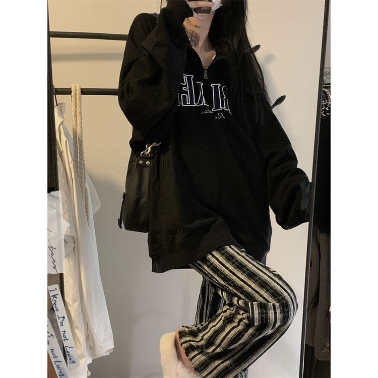Áo sweater Nữ Tay Dài Màu Đen Phong Cách retro Mỹ