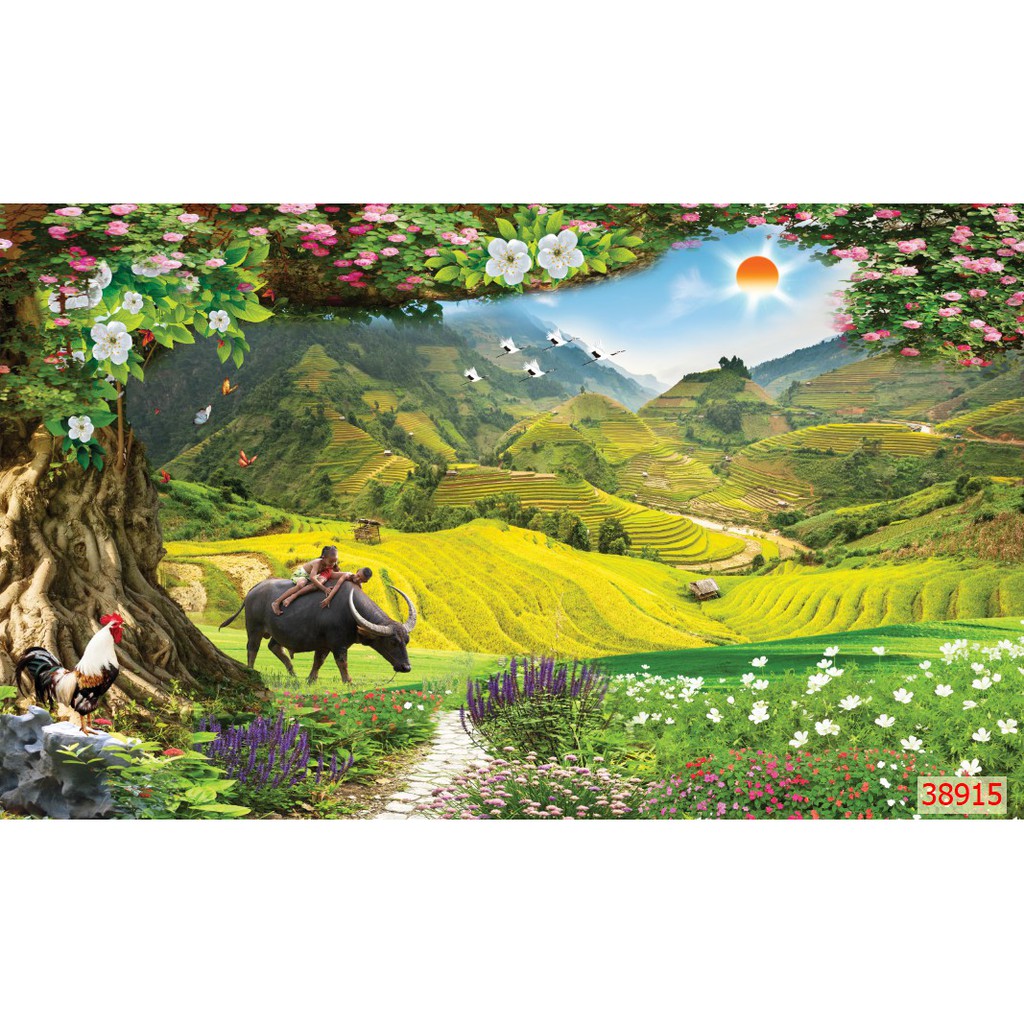 Tranh dán tường 3d phong cảnh thiên nhiên trang trí phòng khách chất liệu decal pp keo sẵn bóc dán atk16