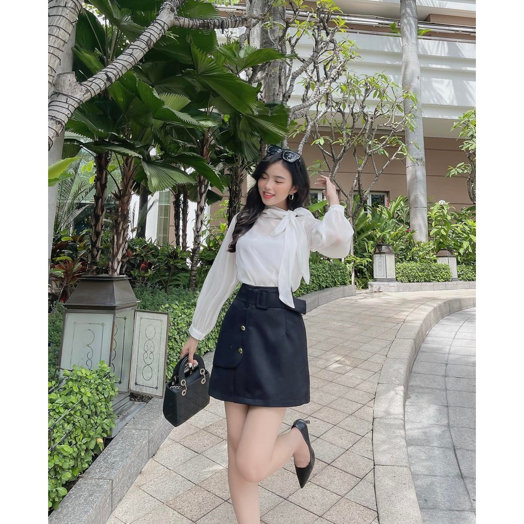 Set Áo Voan Cột Nơ + Chân Váy Ngắn Kèm Belt Công Sở / Đi Tiệc Màu Trắng Thanh Lịch