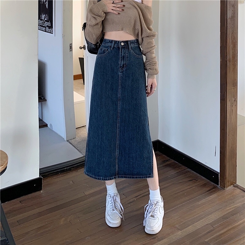 Chân váy Jeans dài  Xẻ Sườn Hàng  Cao cấp Có 3 Màu  Hot  Nhất  Đen ,Xanh Đậm,Xanh nhat loại  1