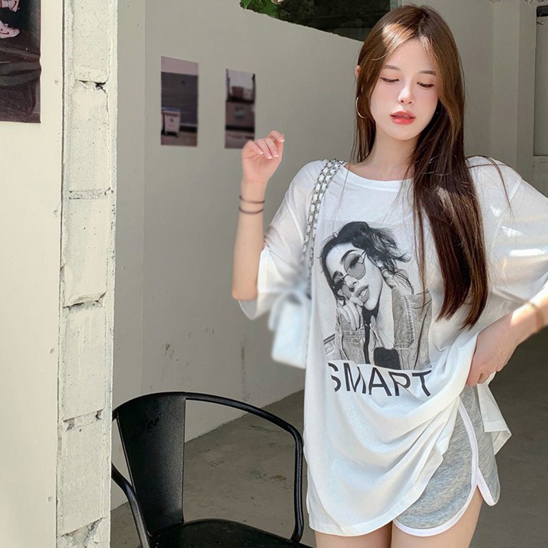 Áo Thun Nữ Ngắn Tay Cổ Tròn In Chữ Phong Cách Hàn Quốc