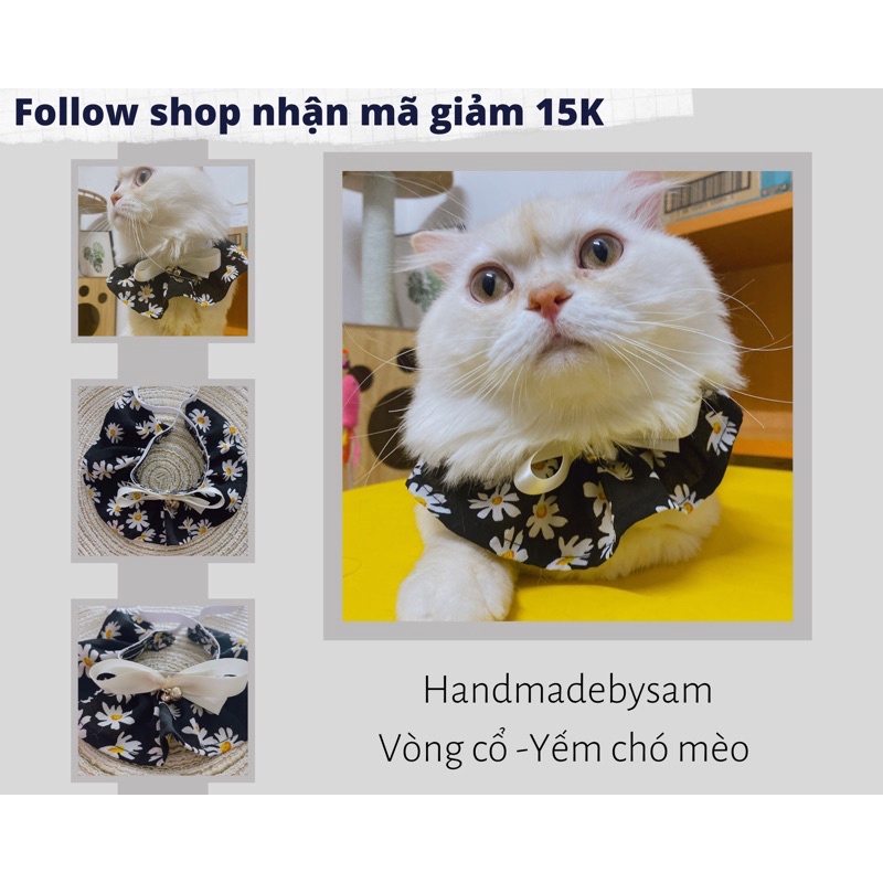 Vòng cổ chó mèo - Vòng thiết kế cổ yếm hoa cúc nơ trắng đính chuông