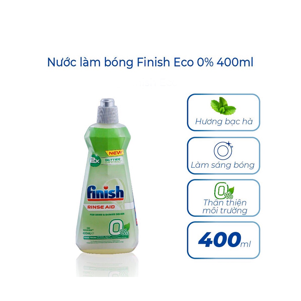 Nước làm bóng Finish Eco 0% - 400ml, dầu bóng dùng cho máy rửa bát giúp bát đĩa sáng bóng, nhập Đức