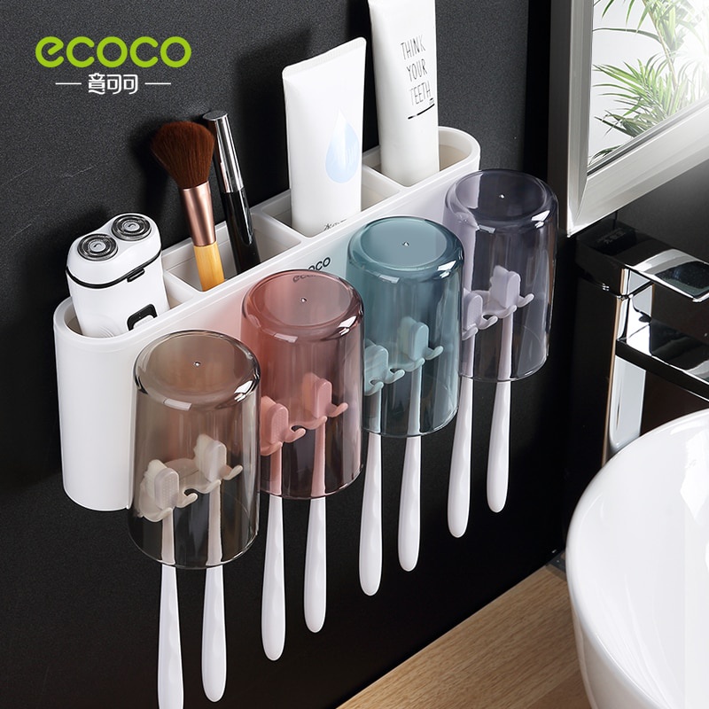 Bộ Nhả Kem Đánh Răng Ecoco, Kệ Để Đồ Phòng Tắm Cài 4 Cốc Thông Minh Chất Liệu ABS Cao Cấp Oenon